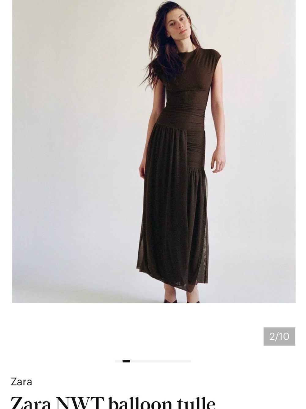 Zara Dark Brown Cap-Sleeve Tulle Maxi Dress size Medium.  Worn once.